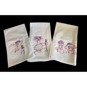 Vintage Large Linen Towels Novelty Women Hats Hand Applique Embroidered Set of 3